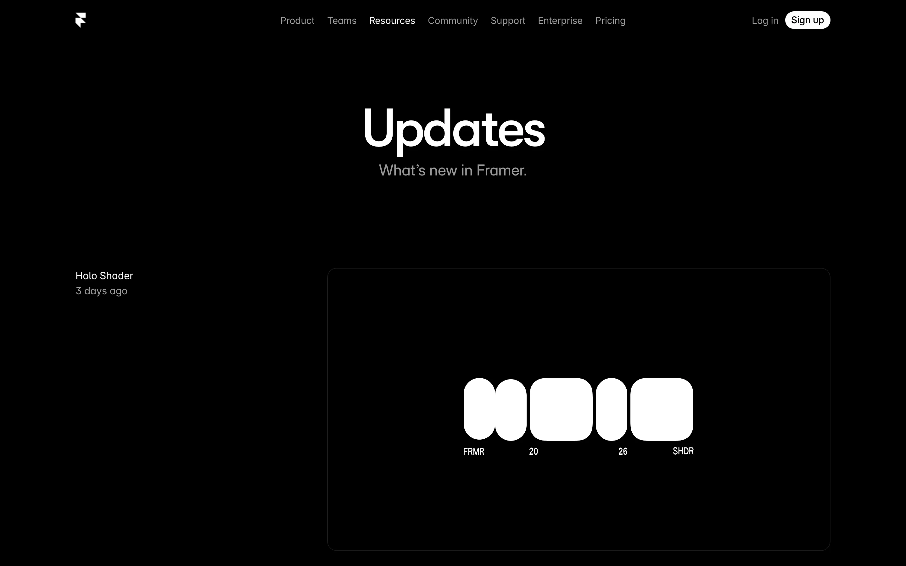Framer's updates page with visual cards on a dark theme