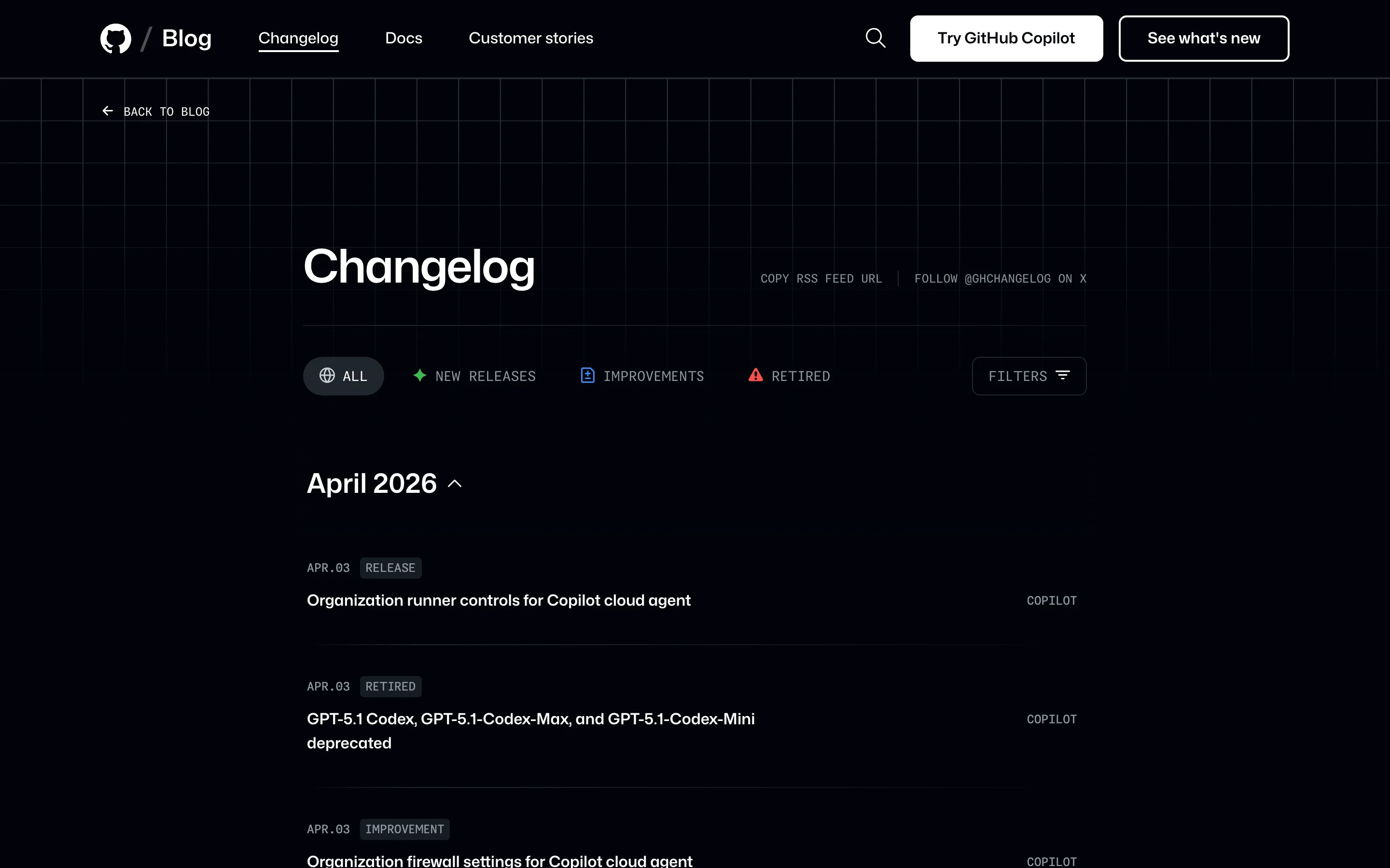 GitHub's changelog blog with tagged entries filterable by product area
