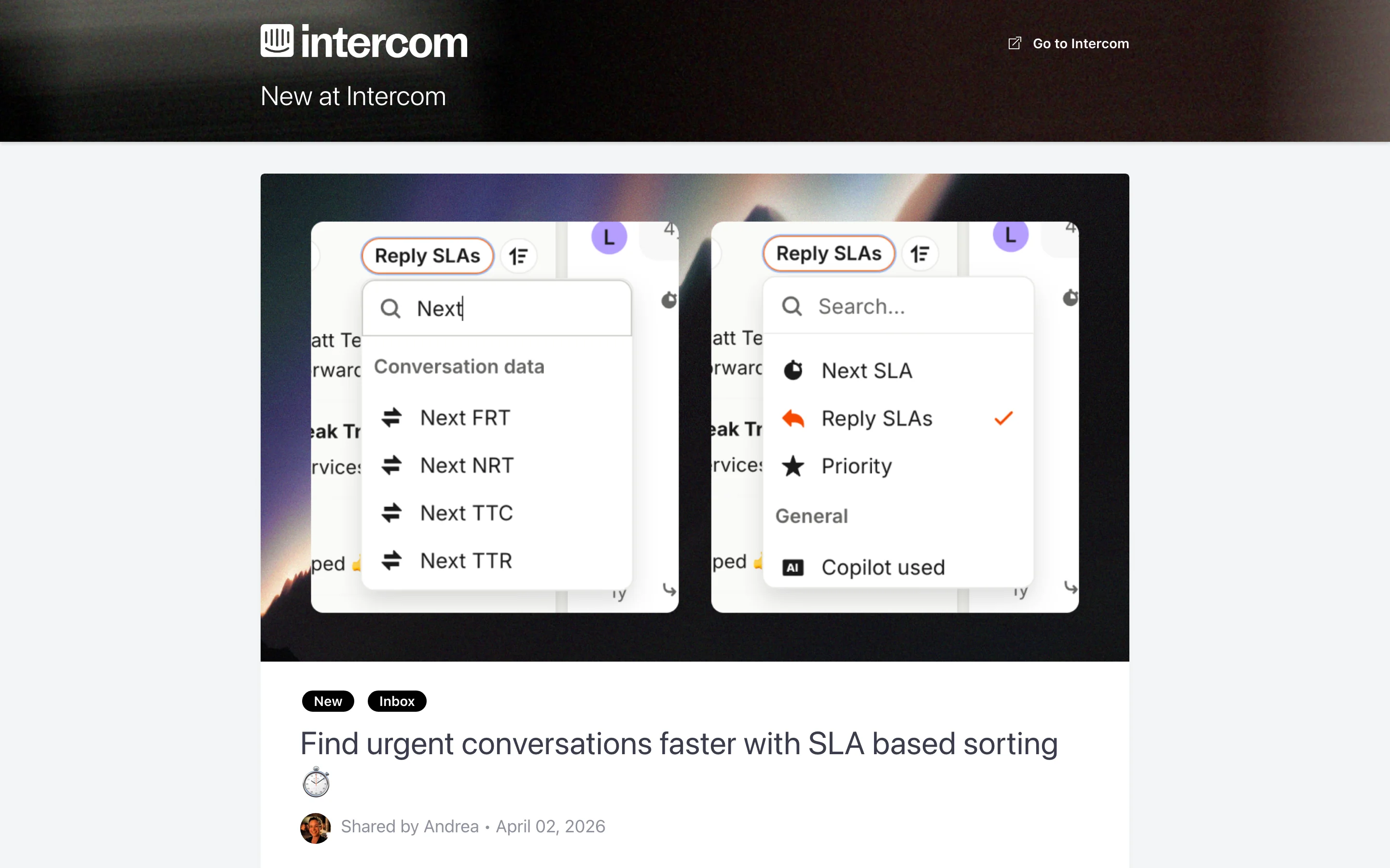Intercom's product updates page with problem-solution blog-style entries