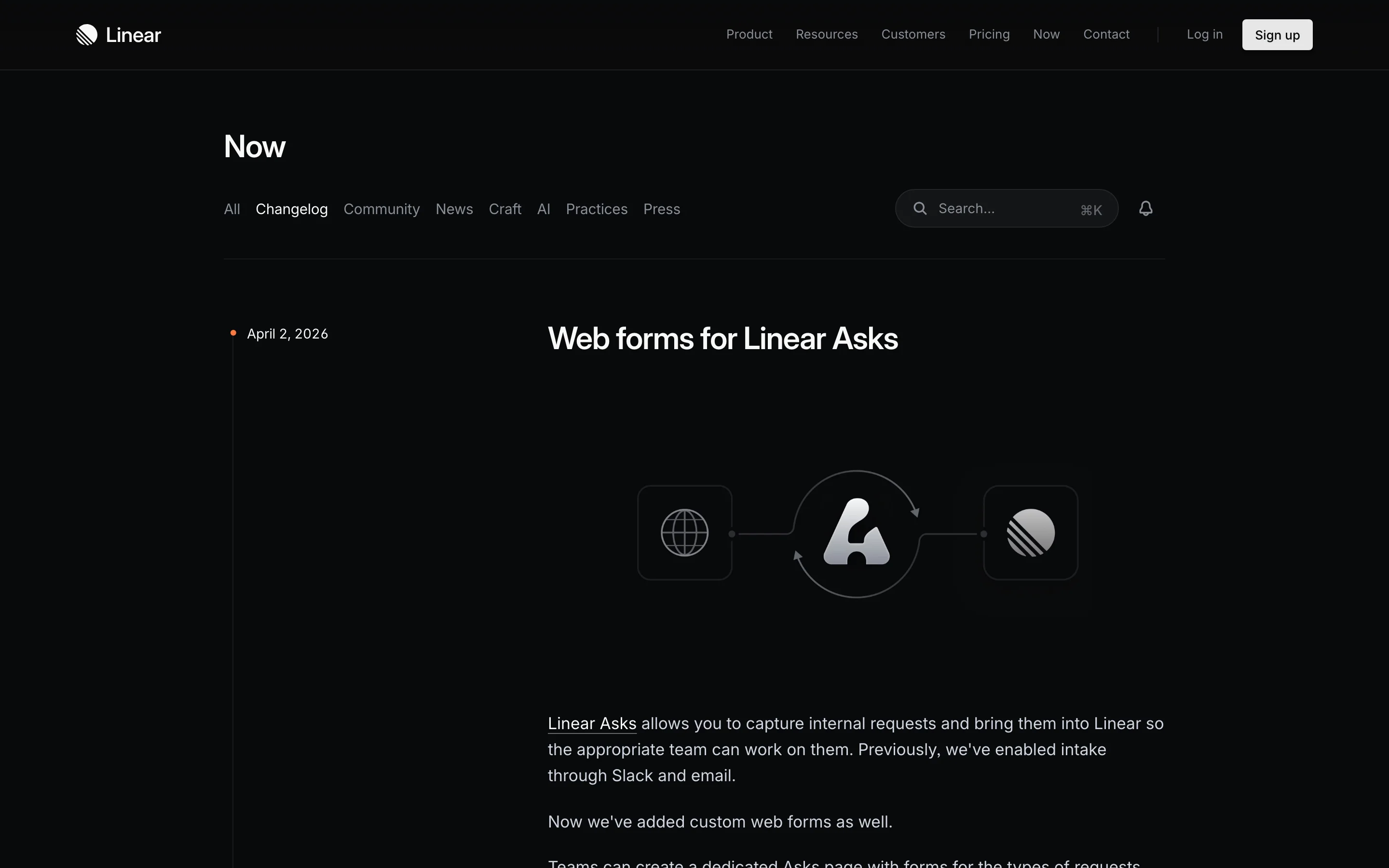 Linear's changelog page showing a clean timeline layout with categorized entries