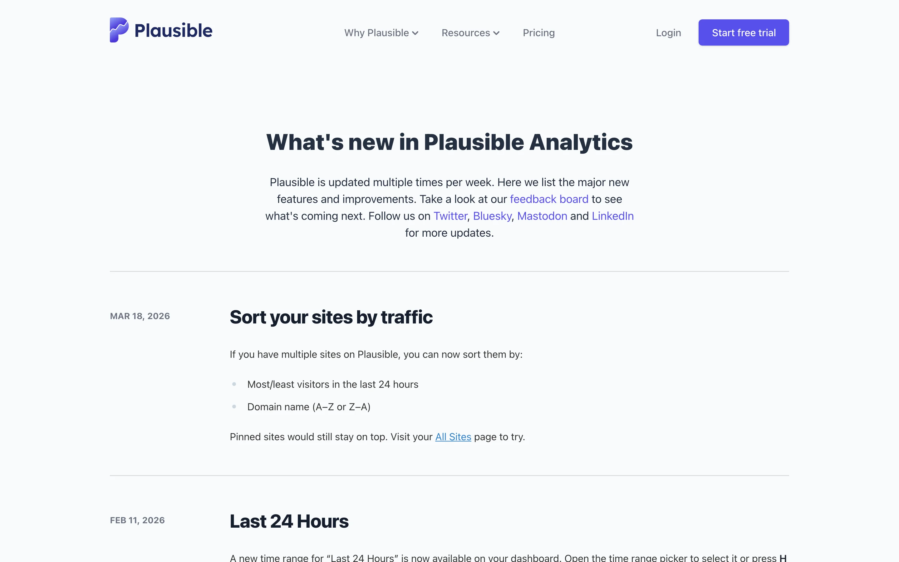 Plausible Analytics changelog with a simple reverse-chronological list