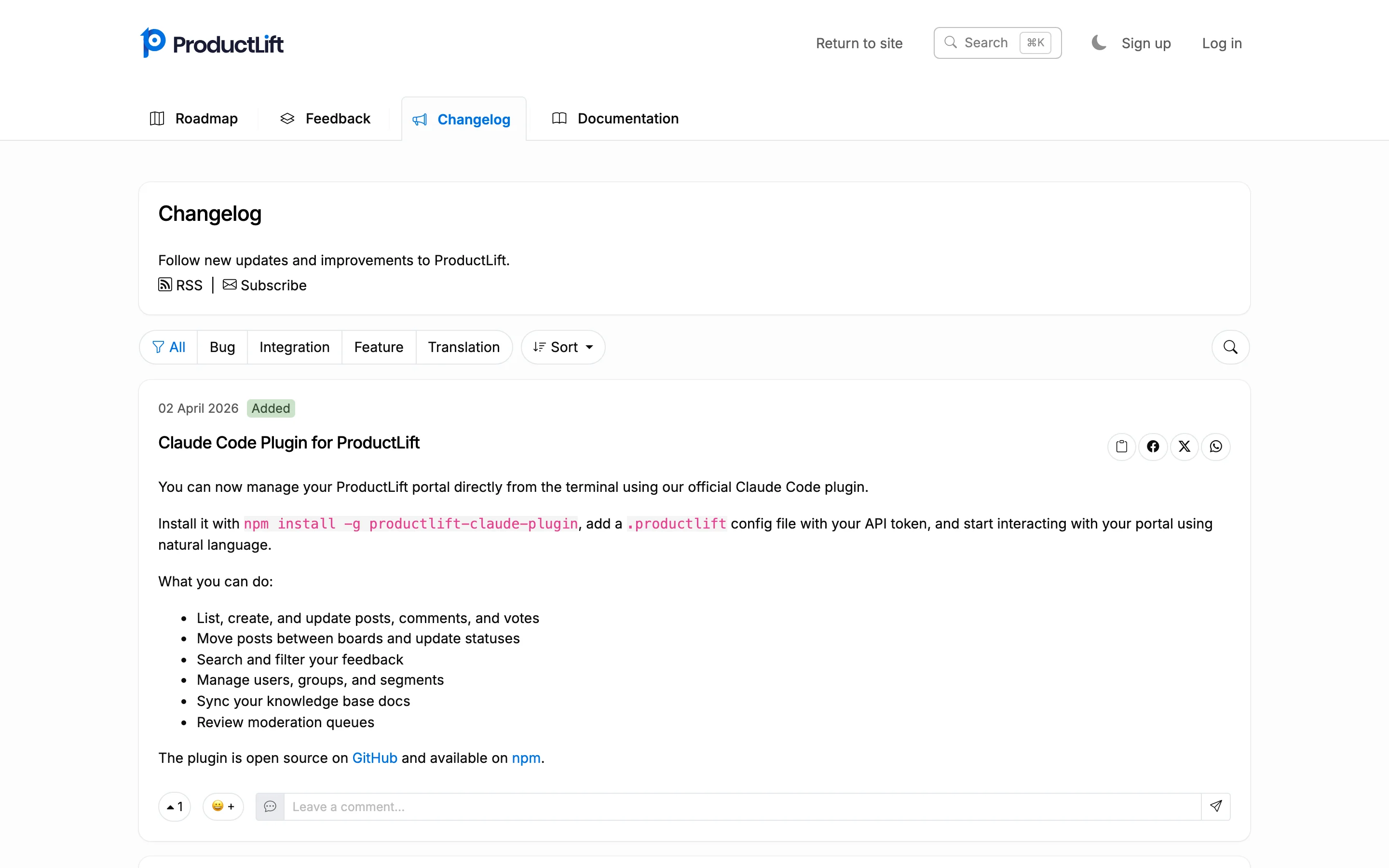 ProductLift's changelog page showing feedback-connected entries with voter notifications