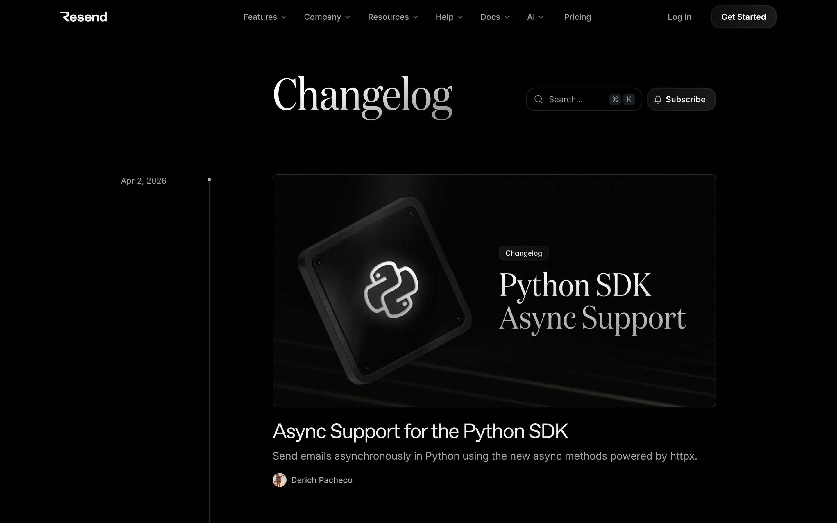 Resend's changelog with clean design and product screenshots