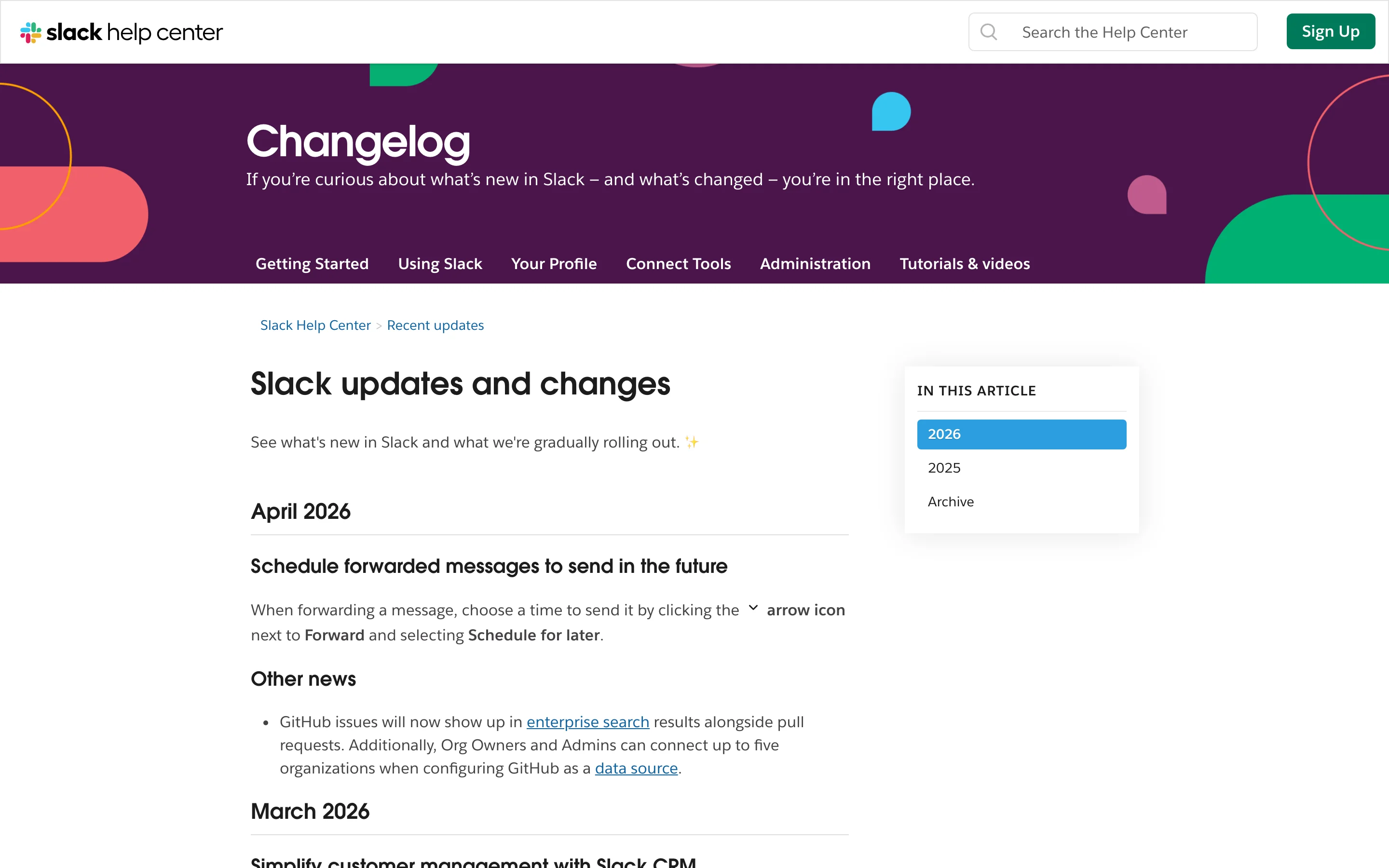 Slack's changelog with categorized updates across the platform