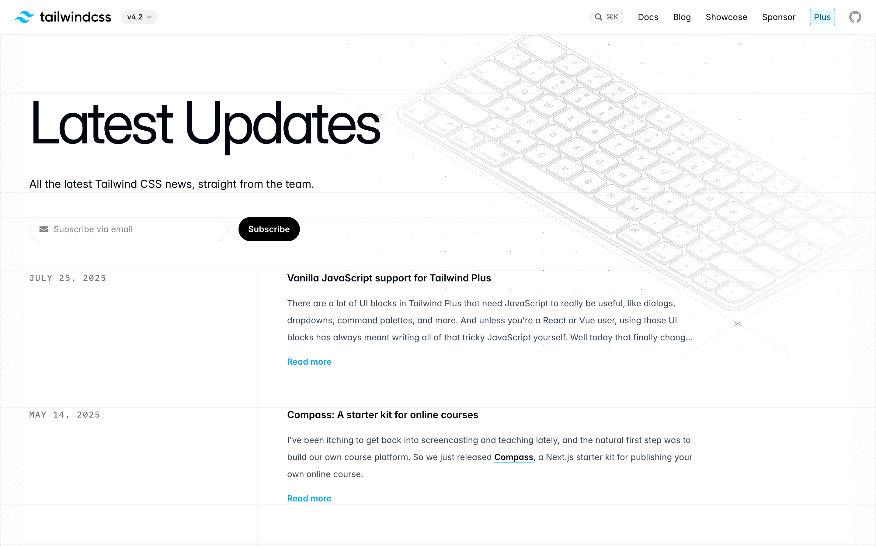 Tailwind CSS blog showing latest updates with detailed technical writeups