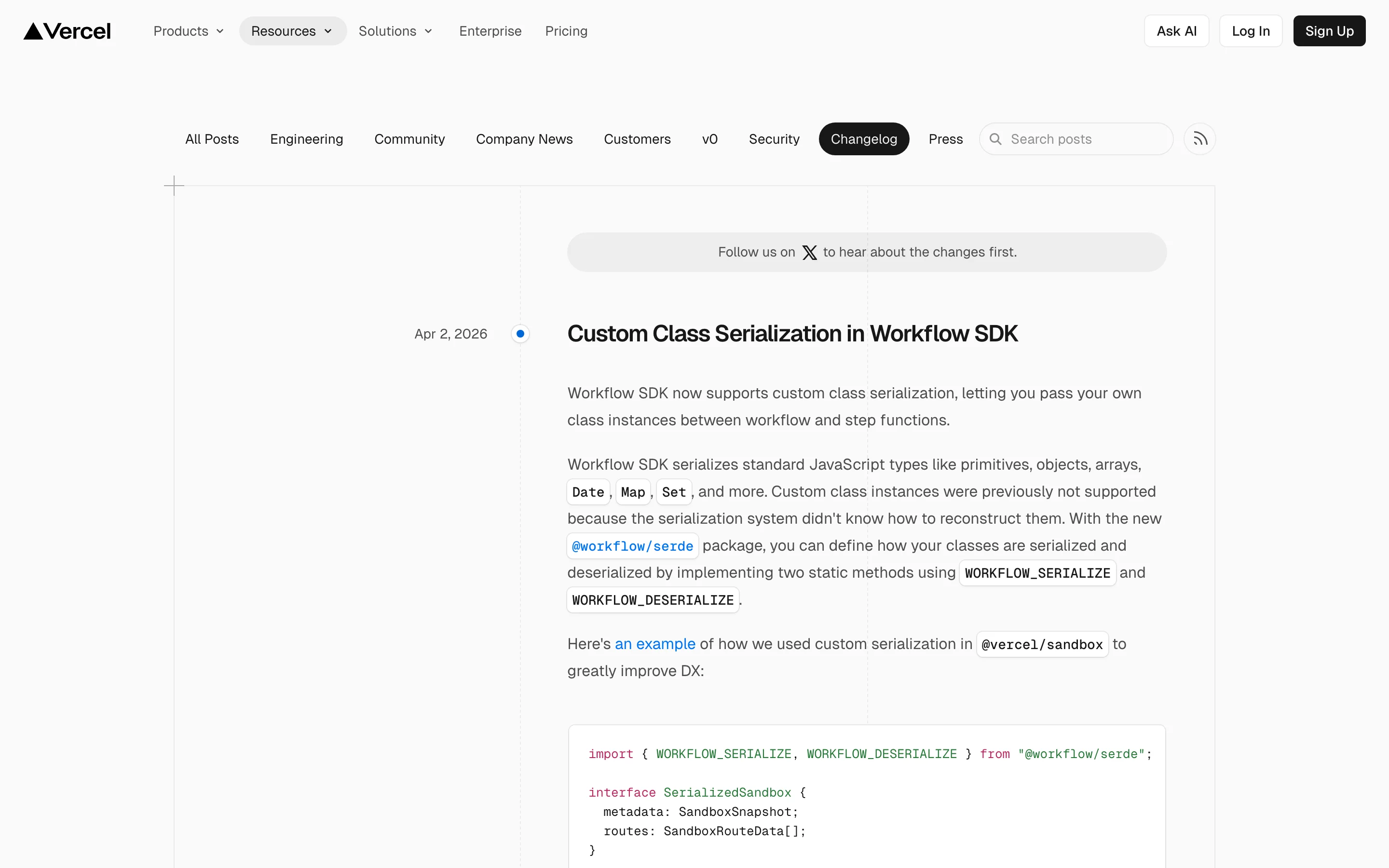 Vercel's changelog with minimal design, code blocks, and performance benchmarks