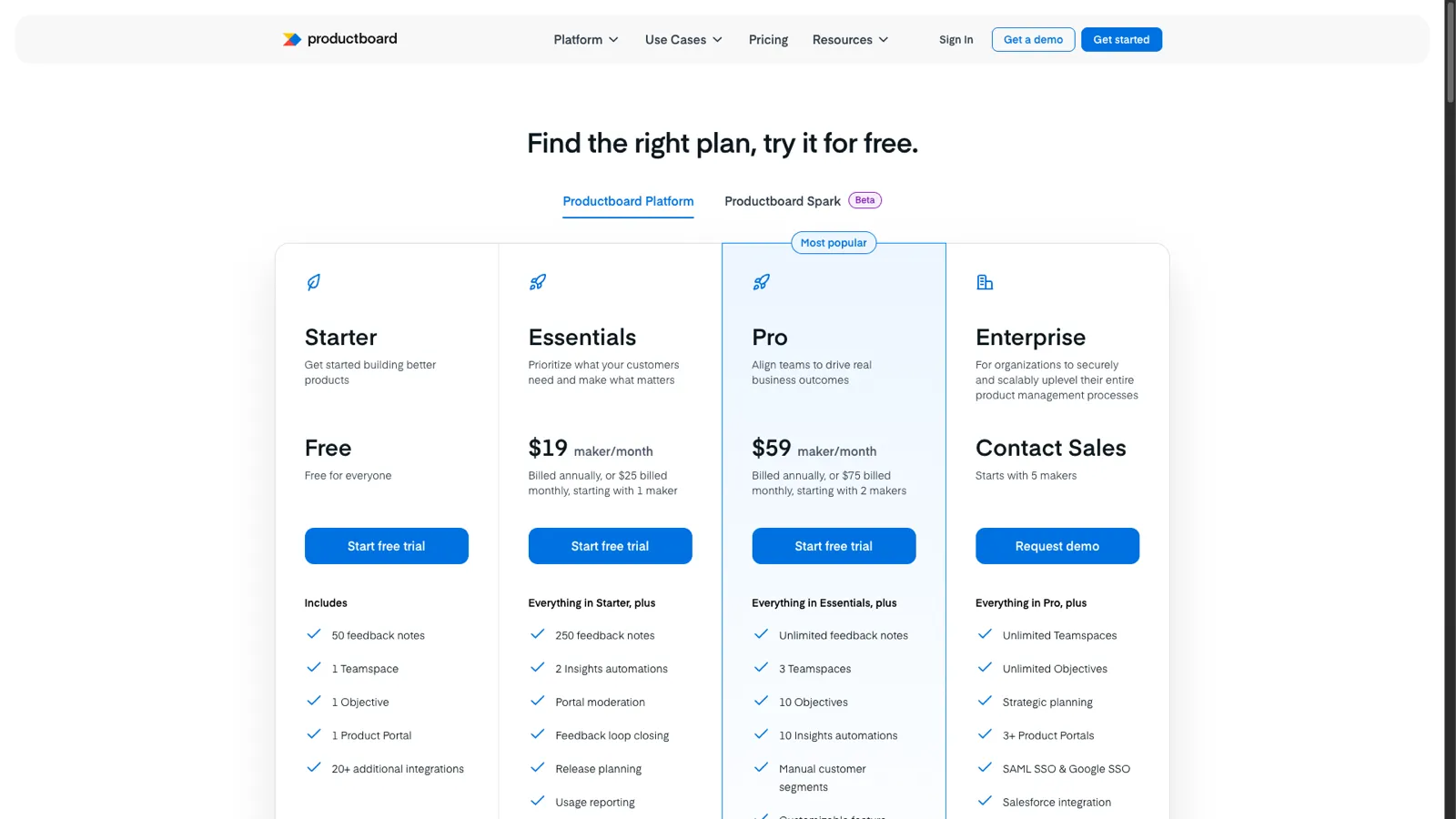 Productboard pricing page