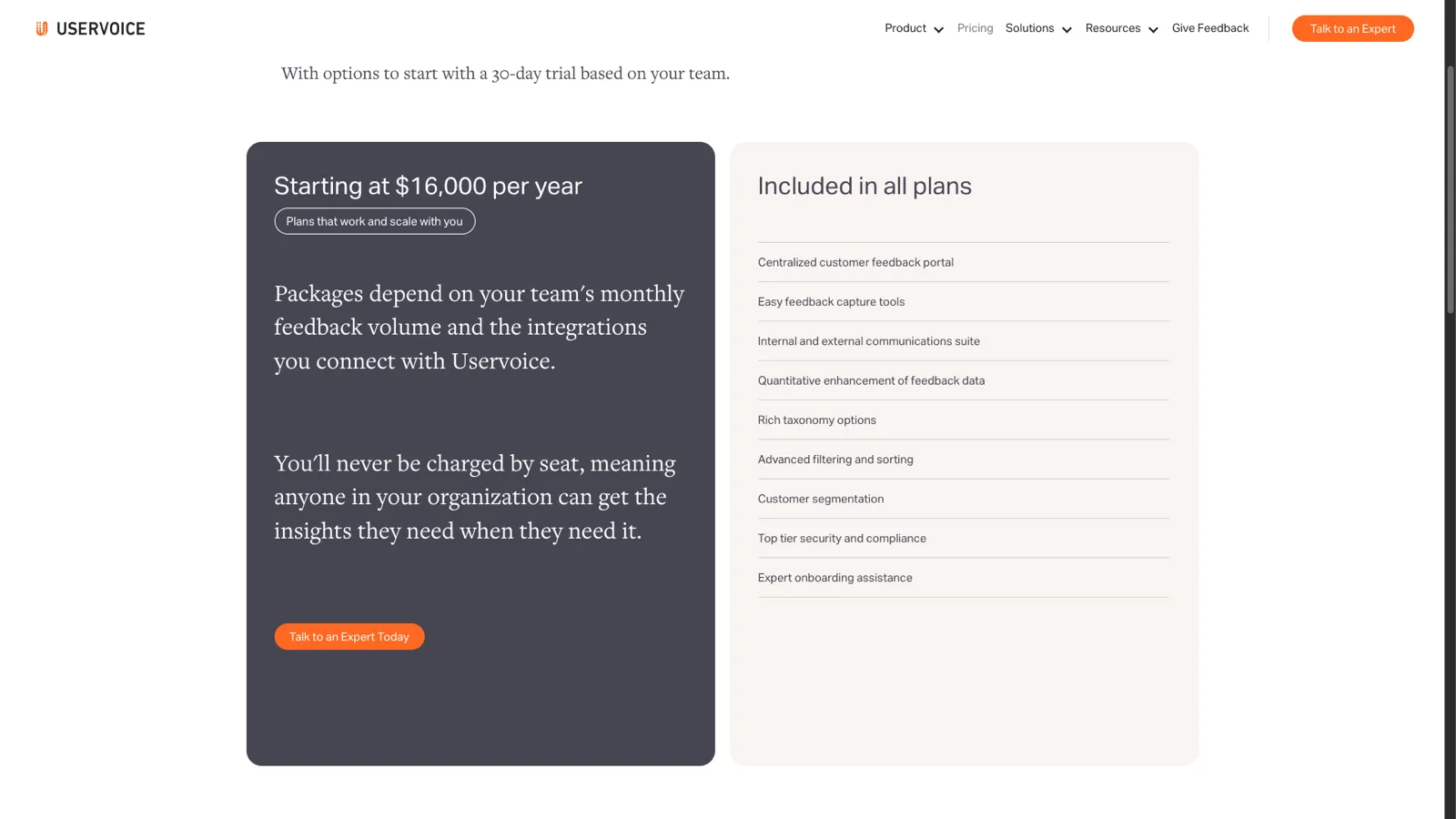 UserVoice pricing page