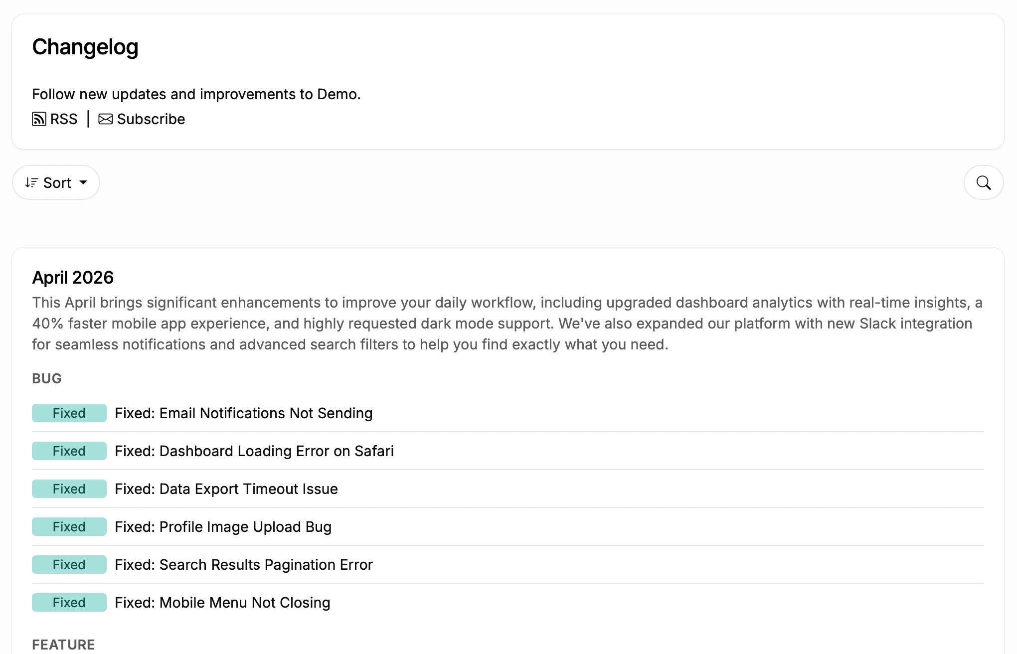 Volledige changelog pagina met gecategoriseerde vermeldingen