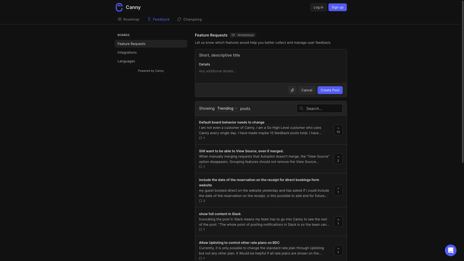 Canny feedback management software - user feedback board and feature request interface