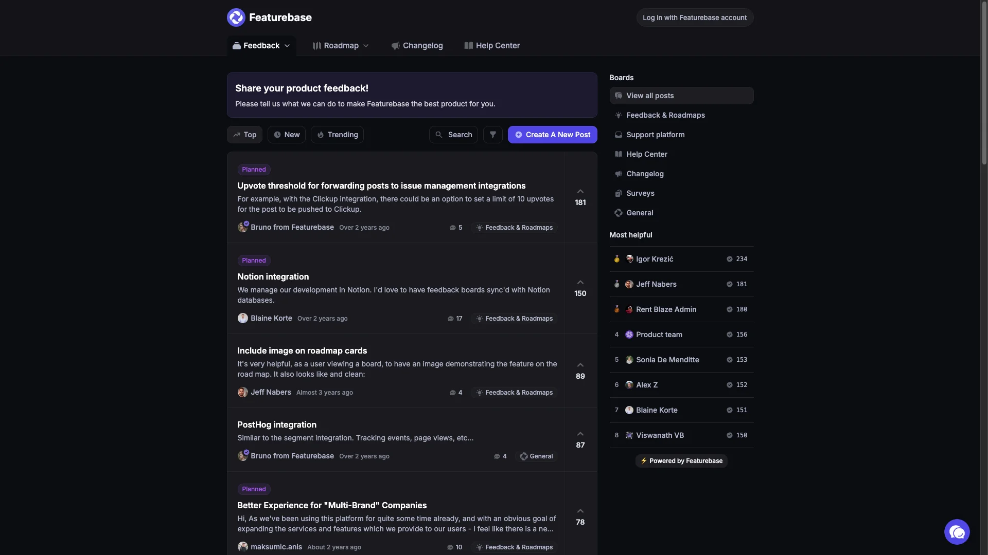 Featurebase feedback management software - user feedback board and feature request interface