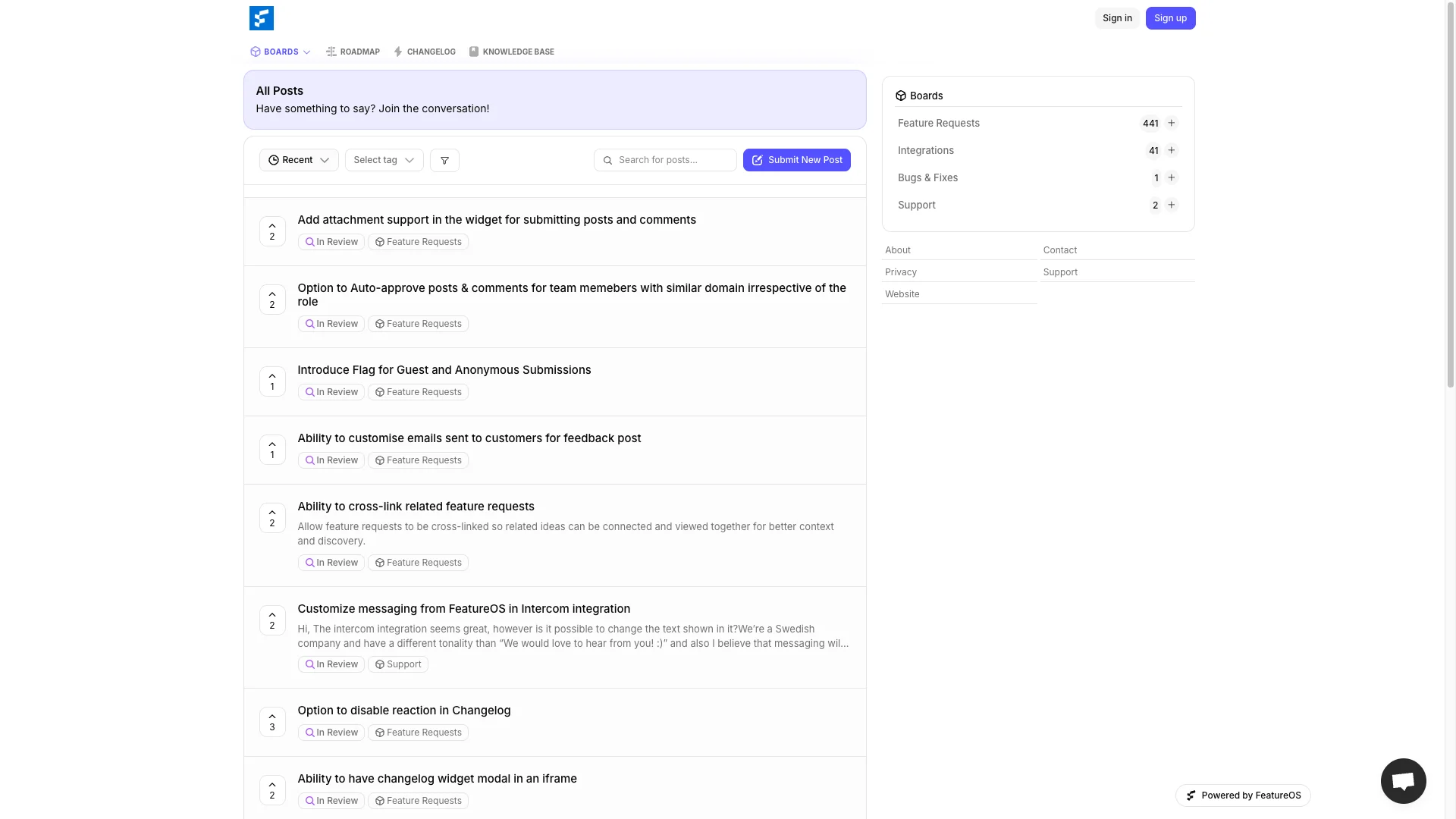 FeatureOS feedback management software - user feedback collection and roadmap interface