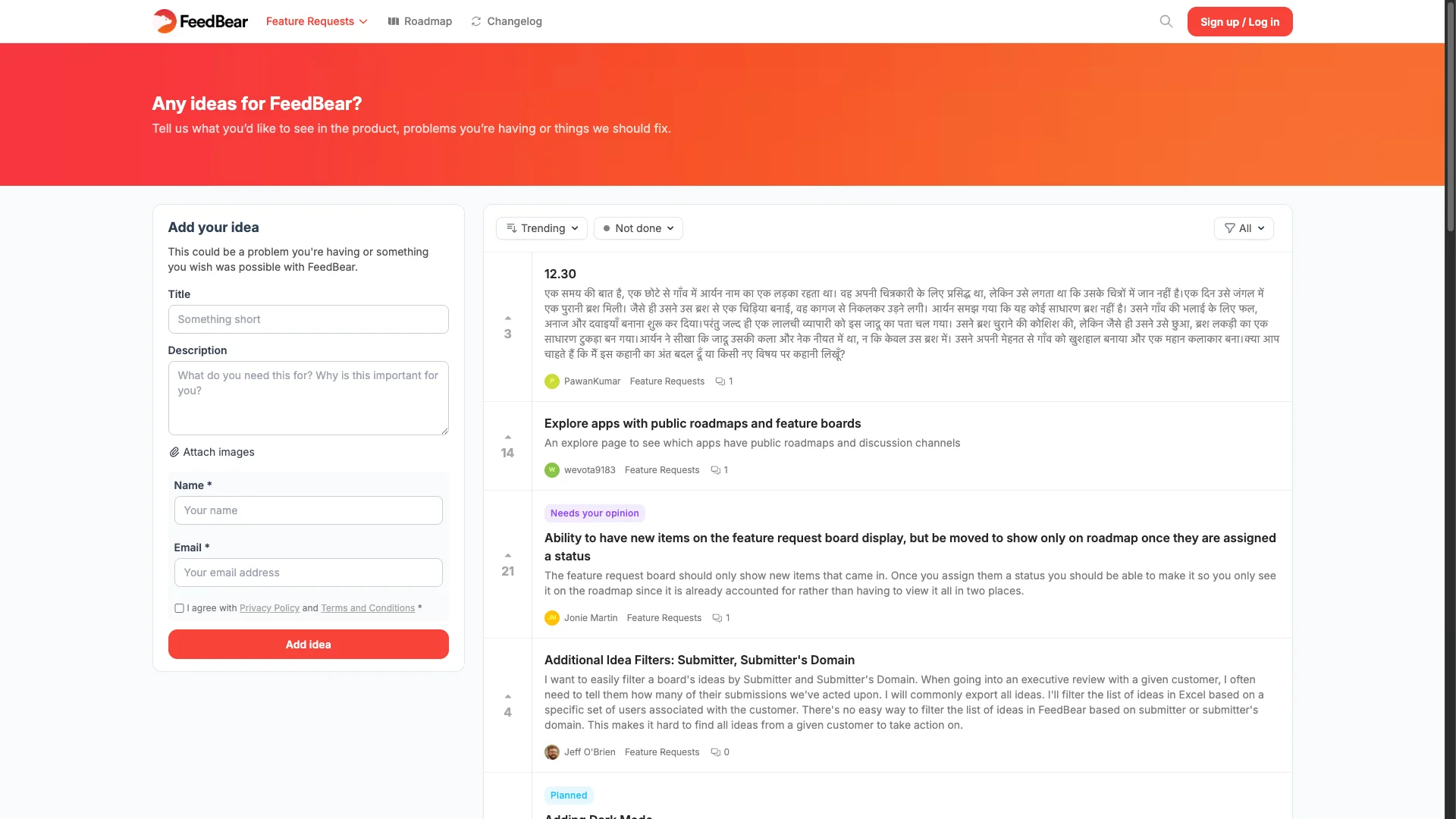 Feedbear feedback management software - user feedback board and feature request interface