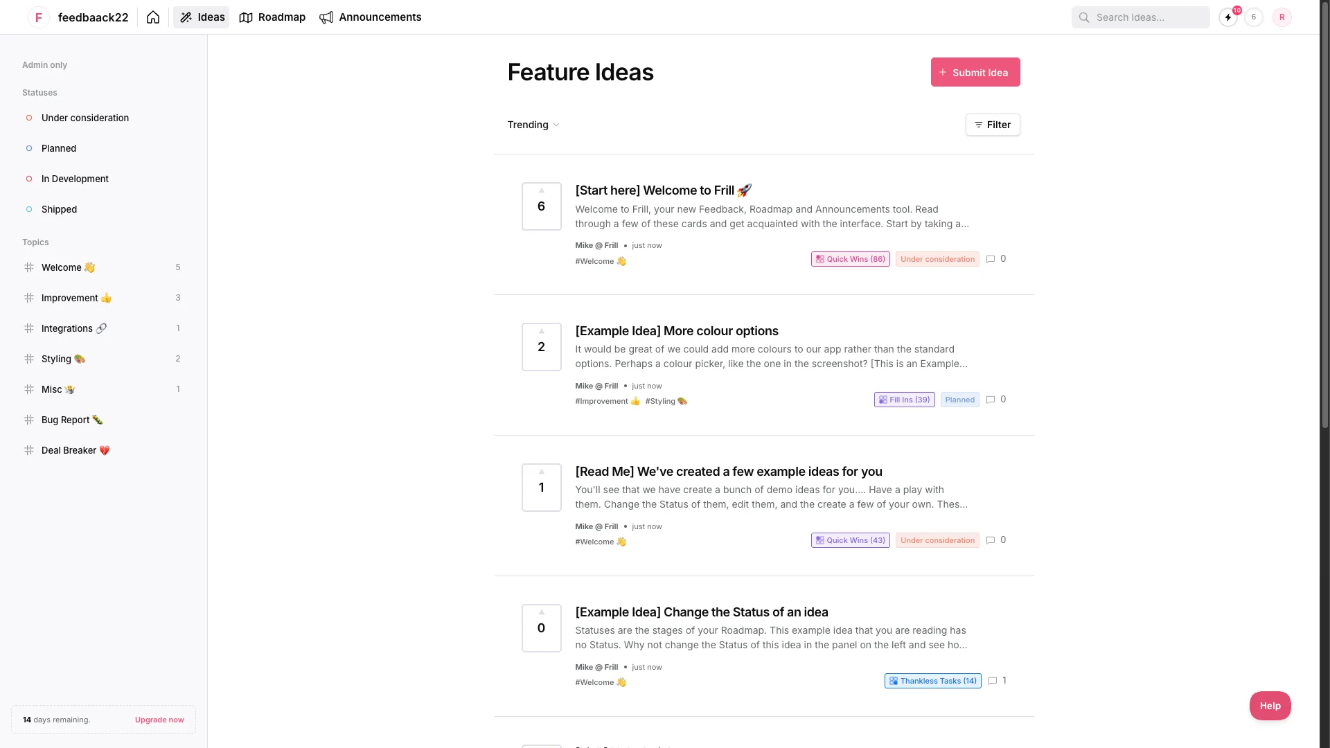 Frill feedback management software - user feedback board and feature request interface