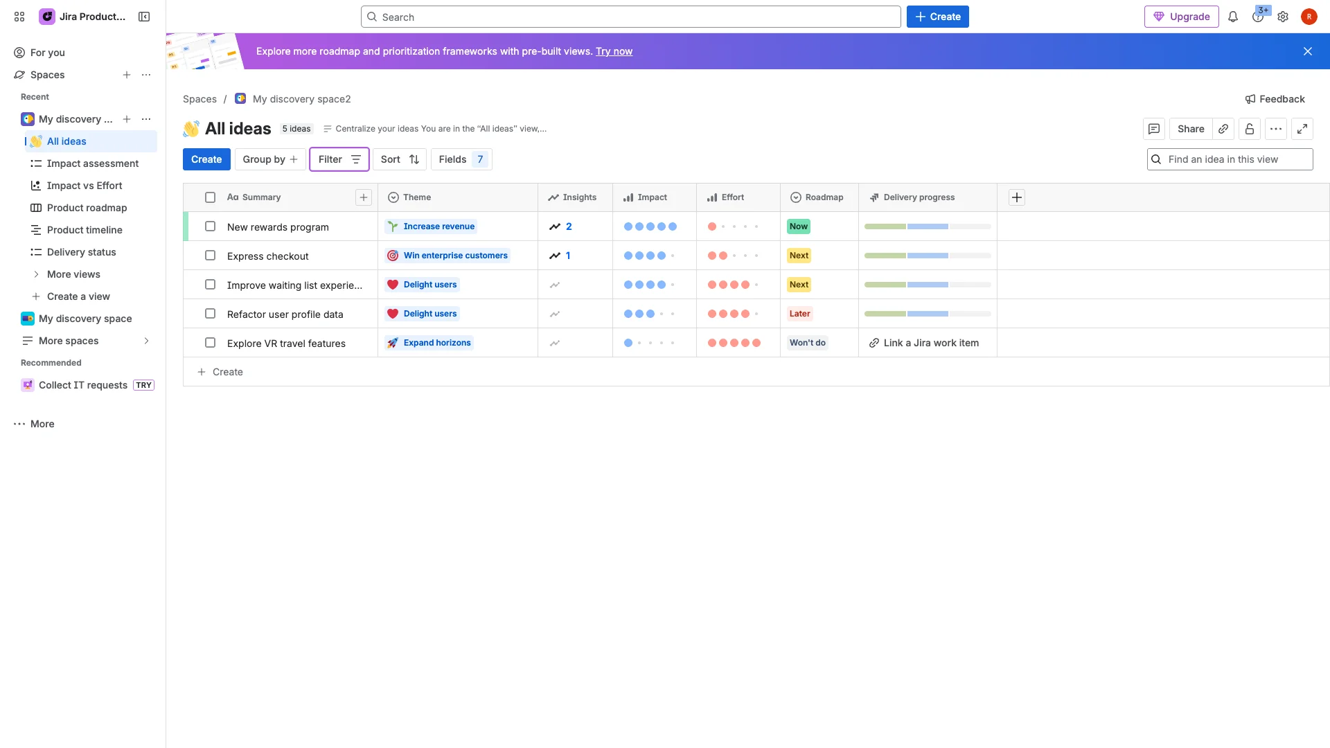 Jira Product Discovery feedback management software - user feedback board and feature request interface