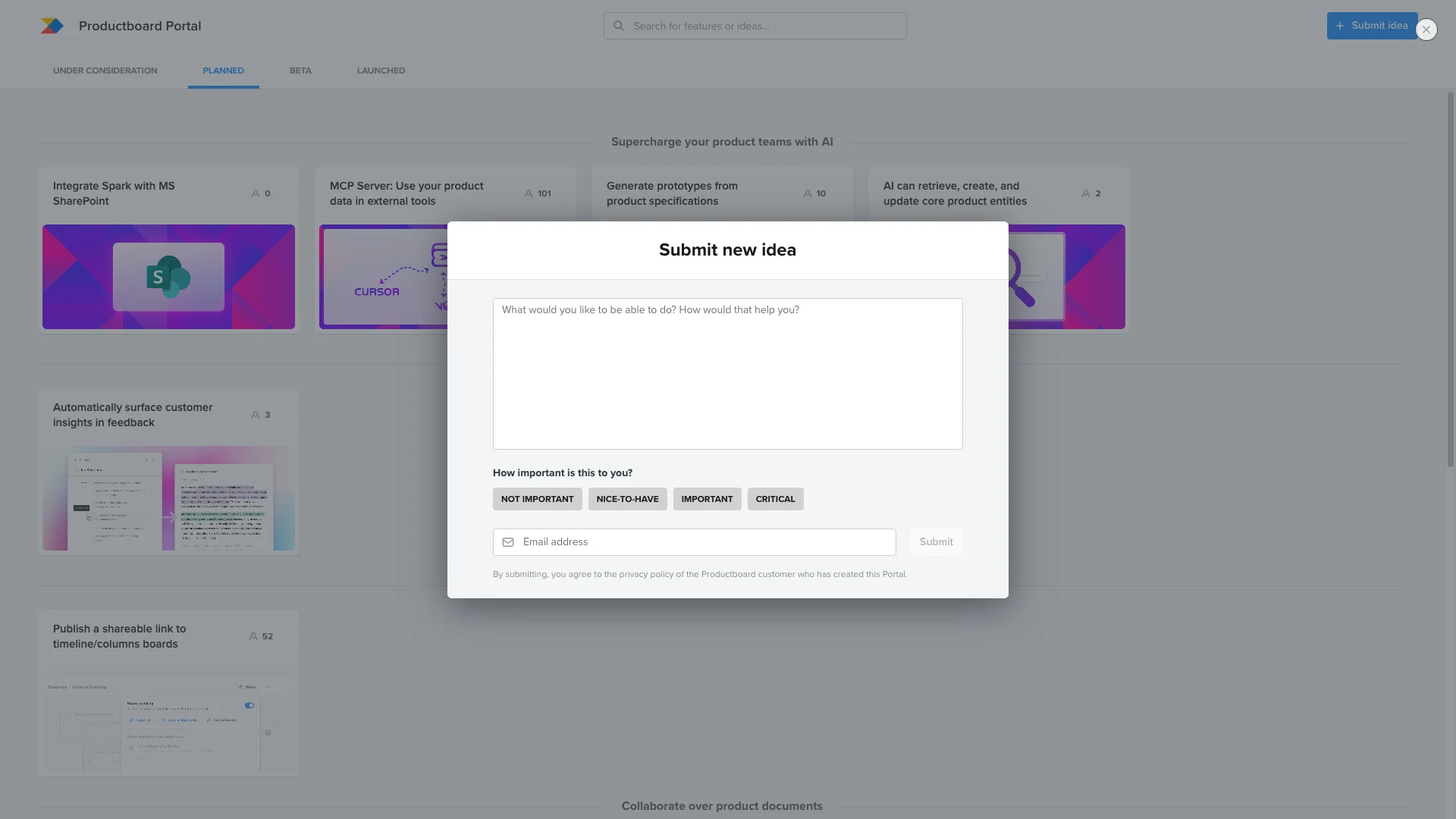 Productboard feedback management software - user feedback board and feature request interface