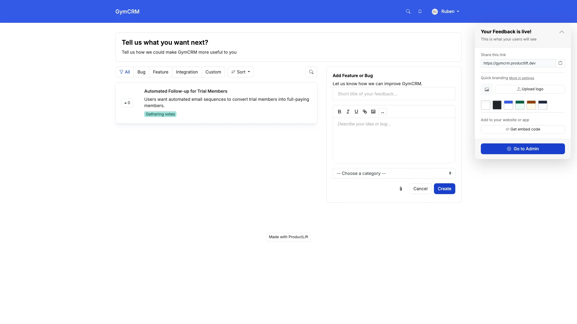ProductLift feedback management software - user feedback board and feature request interface