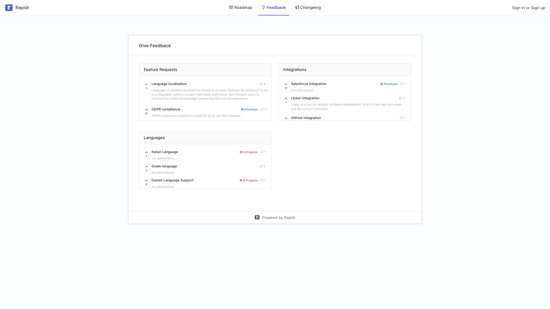 Rapidr feedback management software - user feedback board and feature request interface