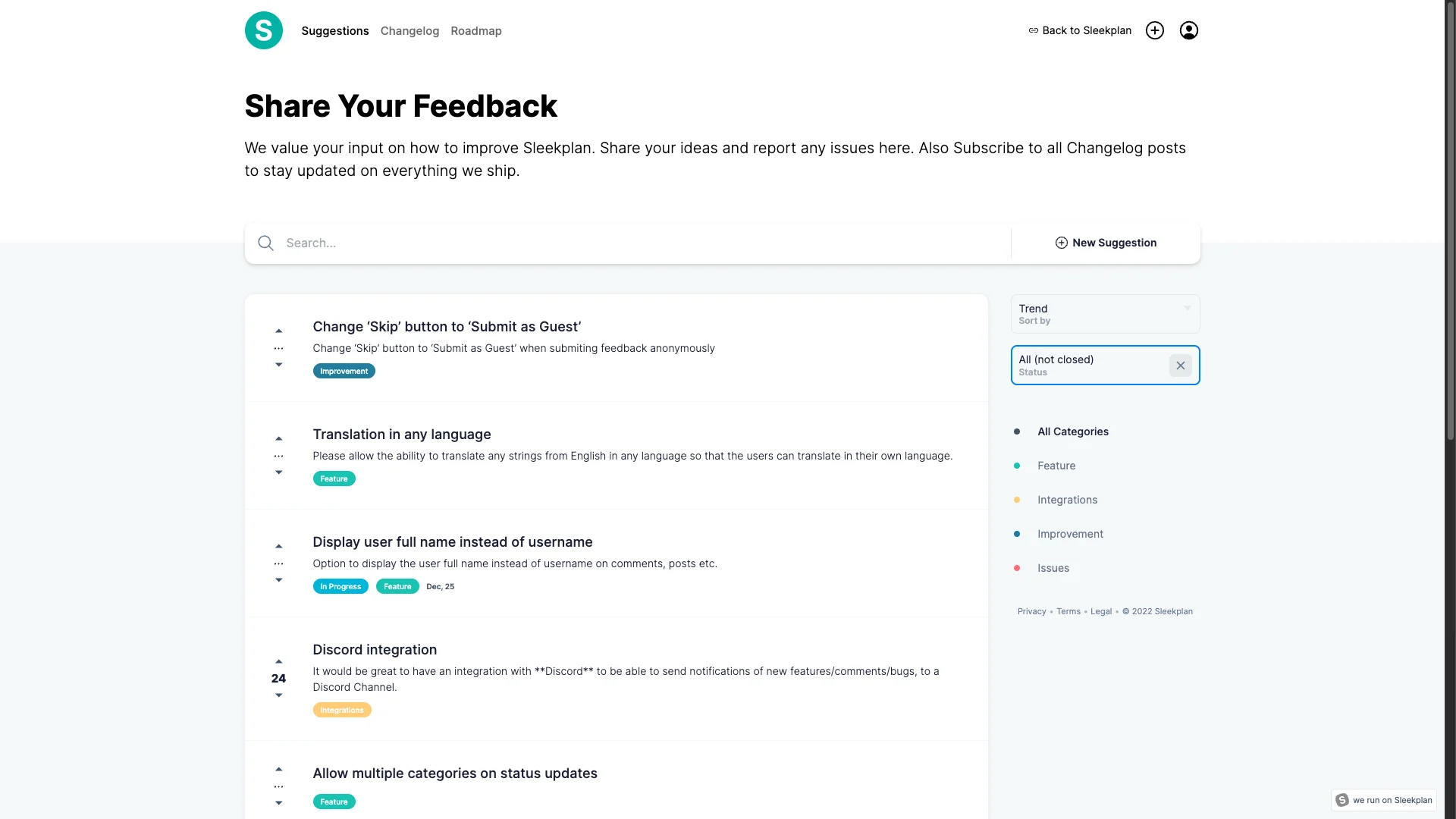 Sleekplan feedback management software - user feedback board and feature request interface