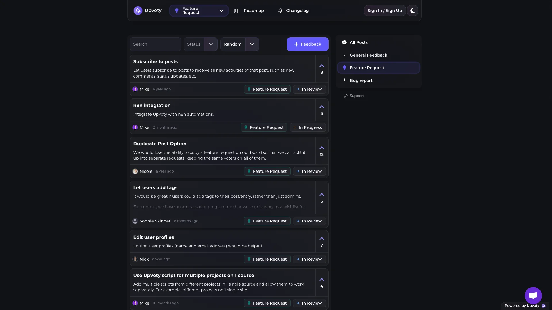 Upvoty feedback management software - user feedback board and feature request interface