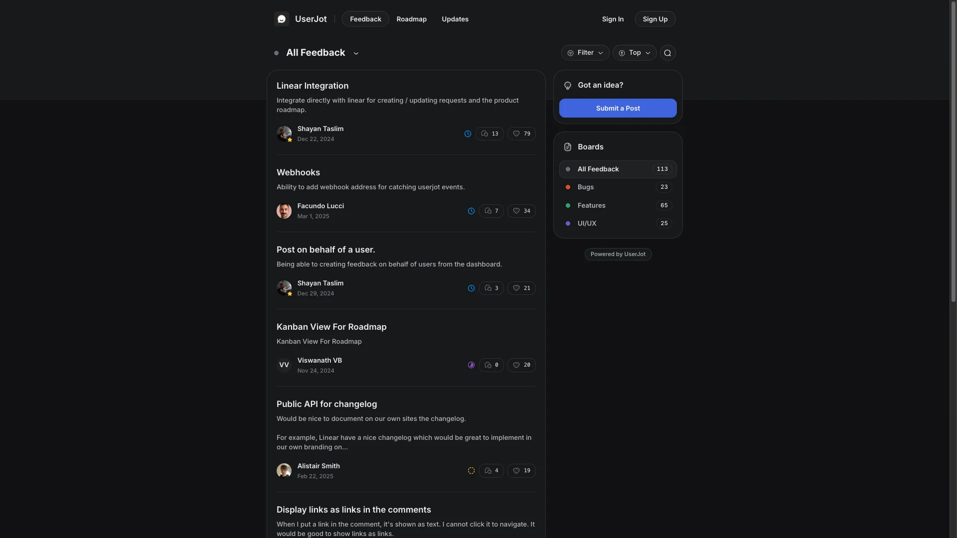 UserJot feedback management software - user feedback collection and roadmap interface