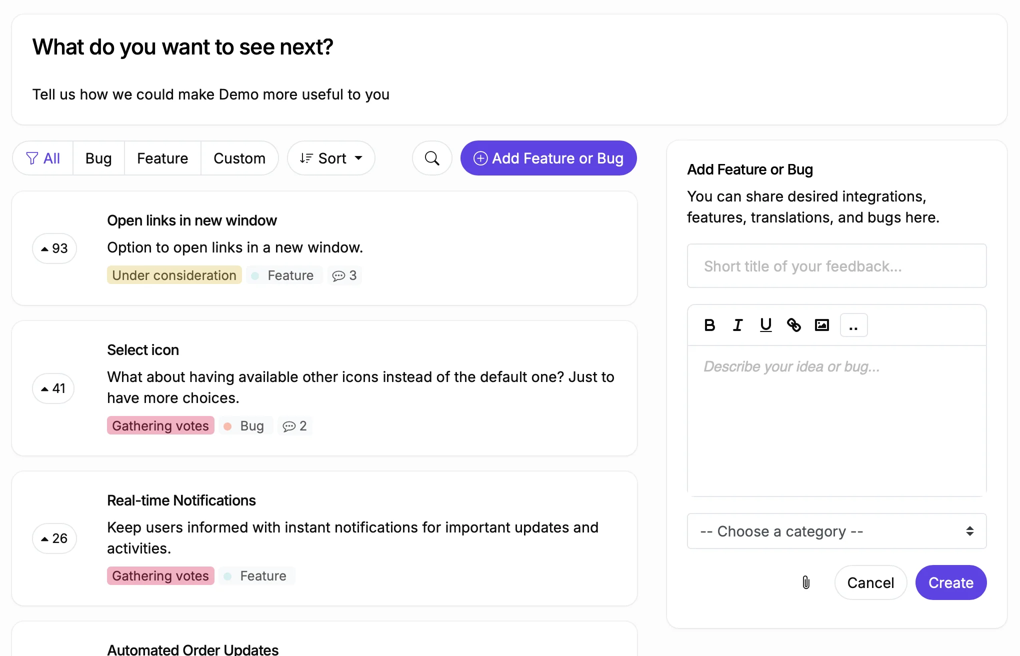 Beta testing feedback board with bug reports and feature votes