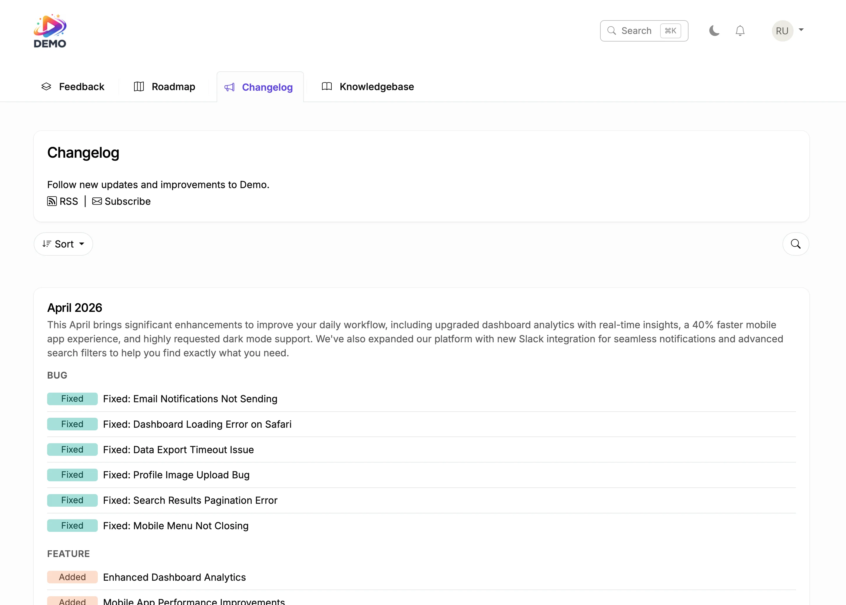 Changelog with categorized bug fixes and feature announcements
