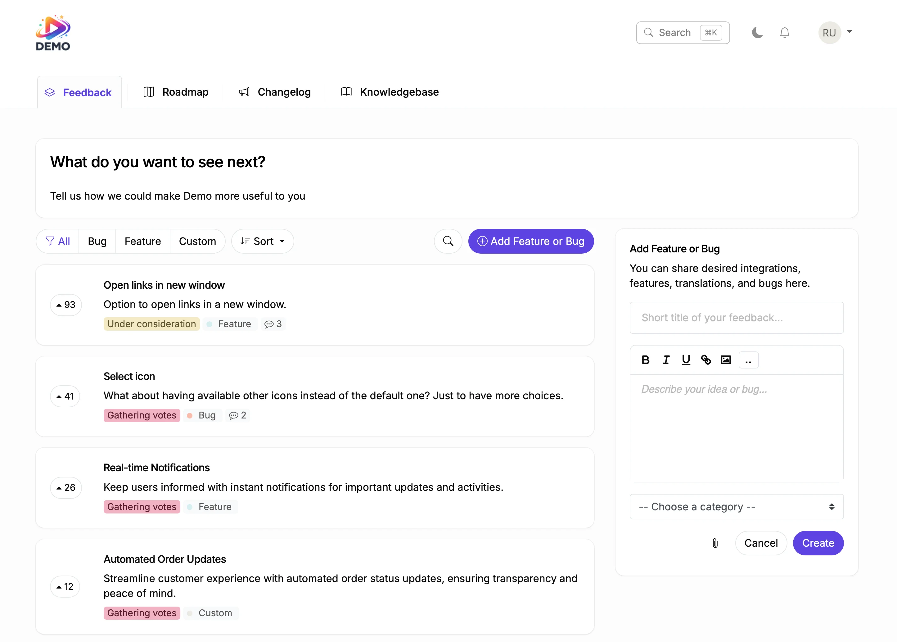 Feedback board with feature requests, voting, and submit form