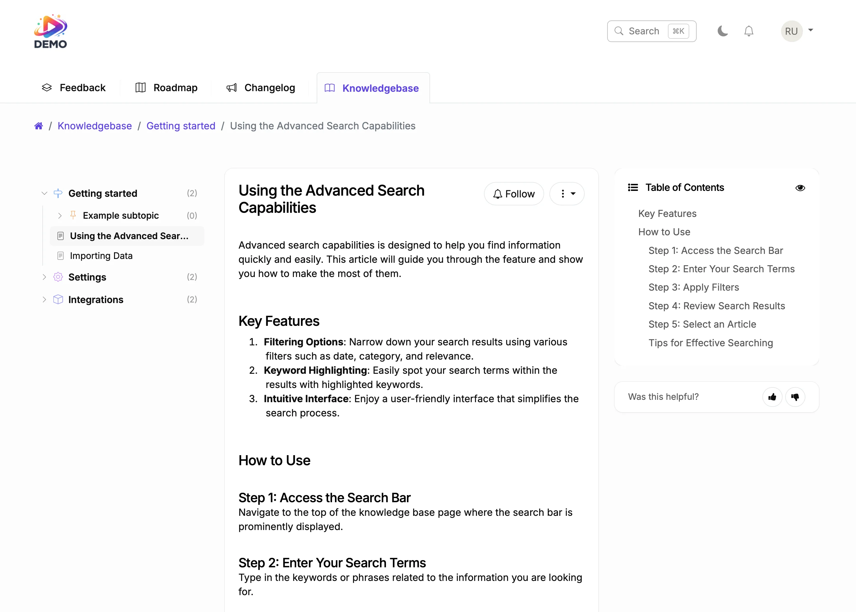 Knowledge base with article hierarchy and table of contents