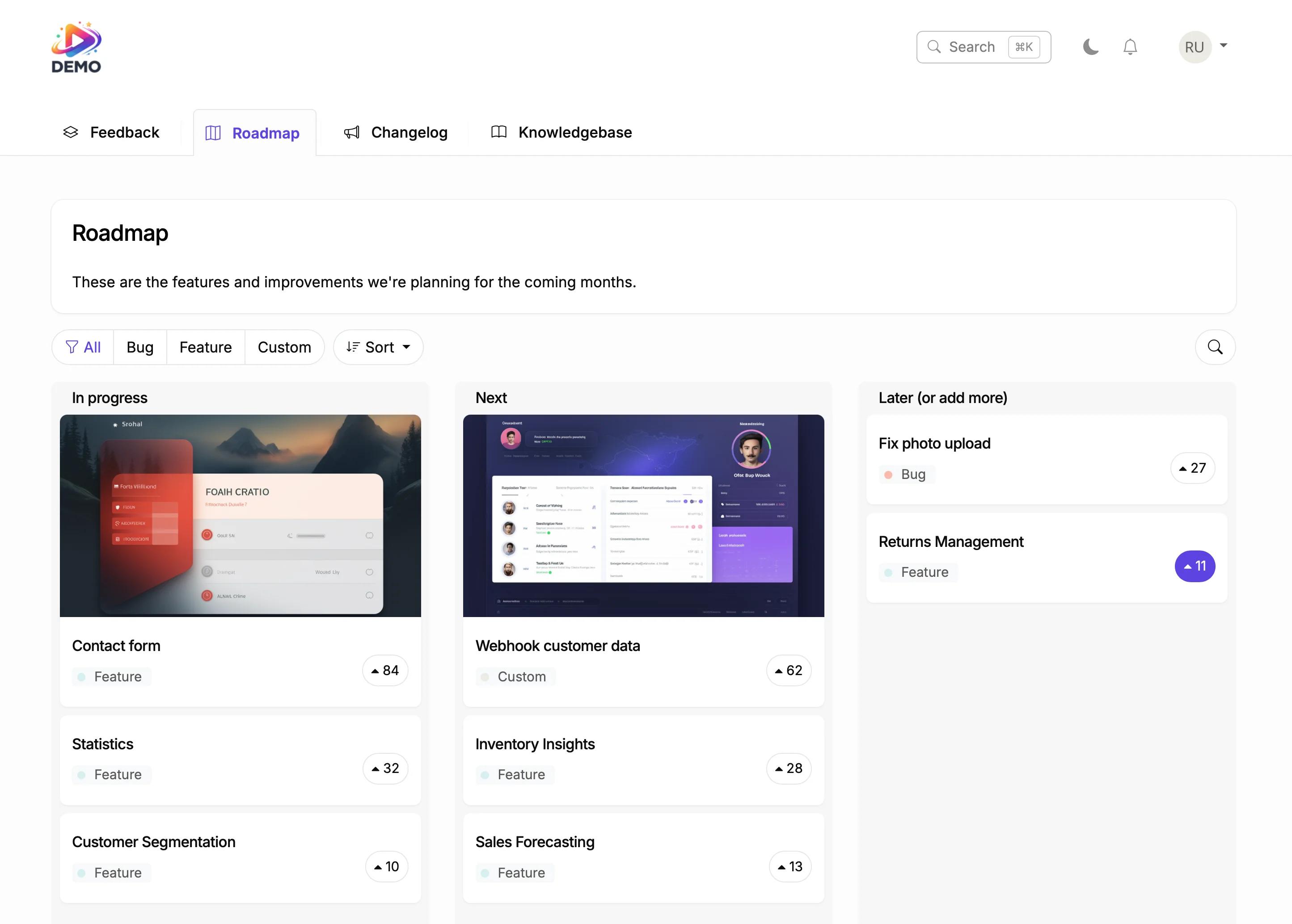 Product roadmap with In Progress, Next, and Later columns