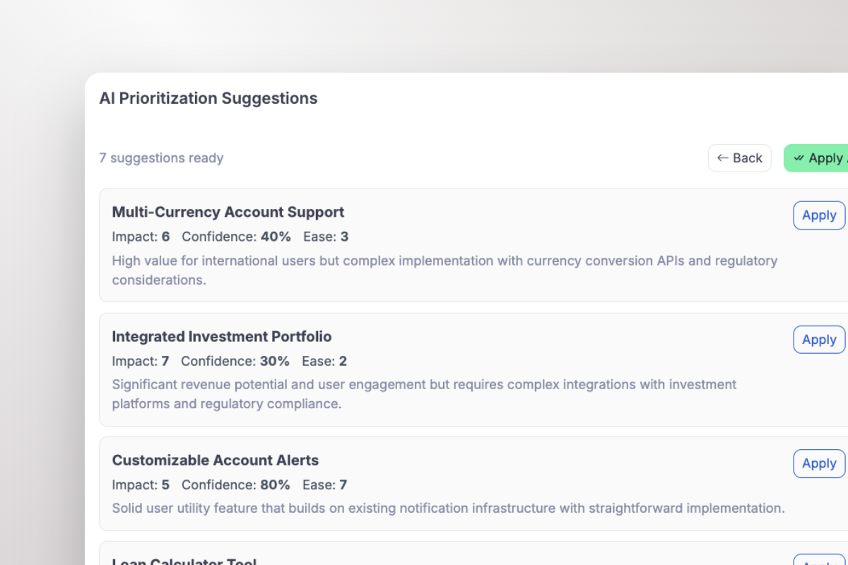 ProductLift ICE scoring AI interface suggesting scores