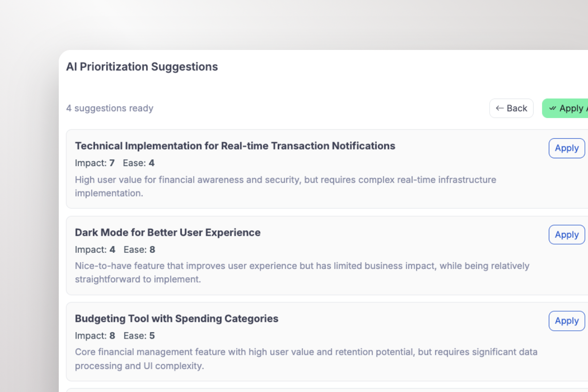 ProductLift Impact/Effort scoring AI interface suggesting scores