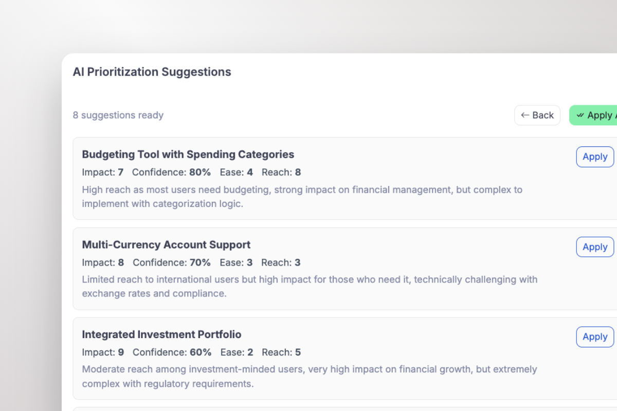 ProductLift RICE scoring AI interface suggesting scores