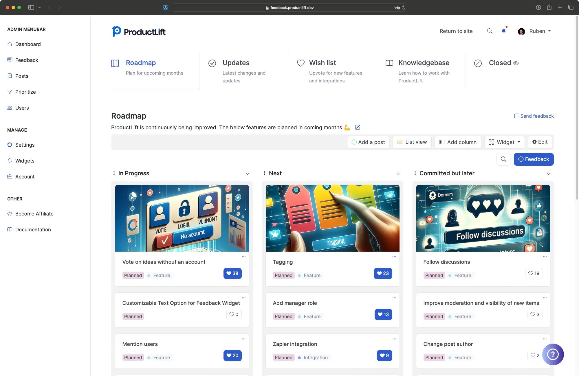 ProductLift roadmap and feedback management interface